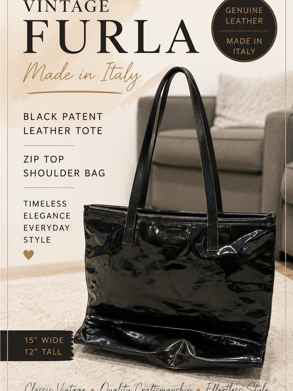 Furla Black Patent Leather Zip-Top Shoulder Tote